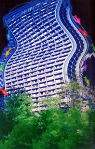 Immeuble qui se met à fondre tandis que s'en échappent des poissons multicolores