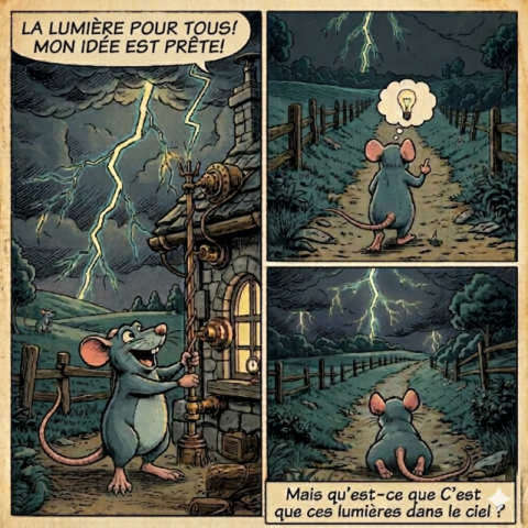 Un rat qui trouve le moyen d'utiliser la foudre pour éclairer sa maison
