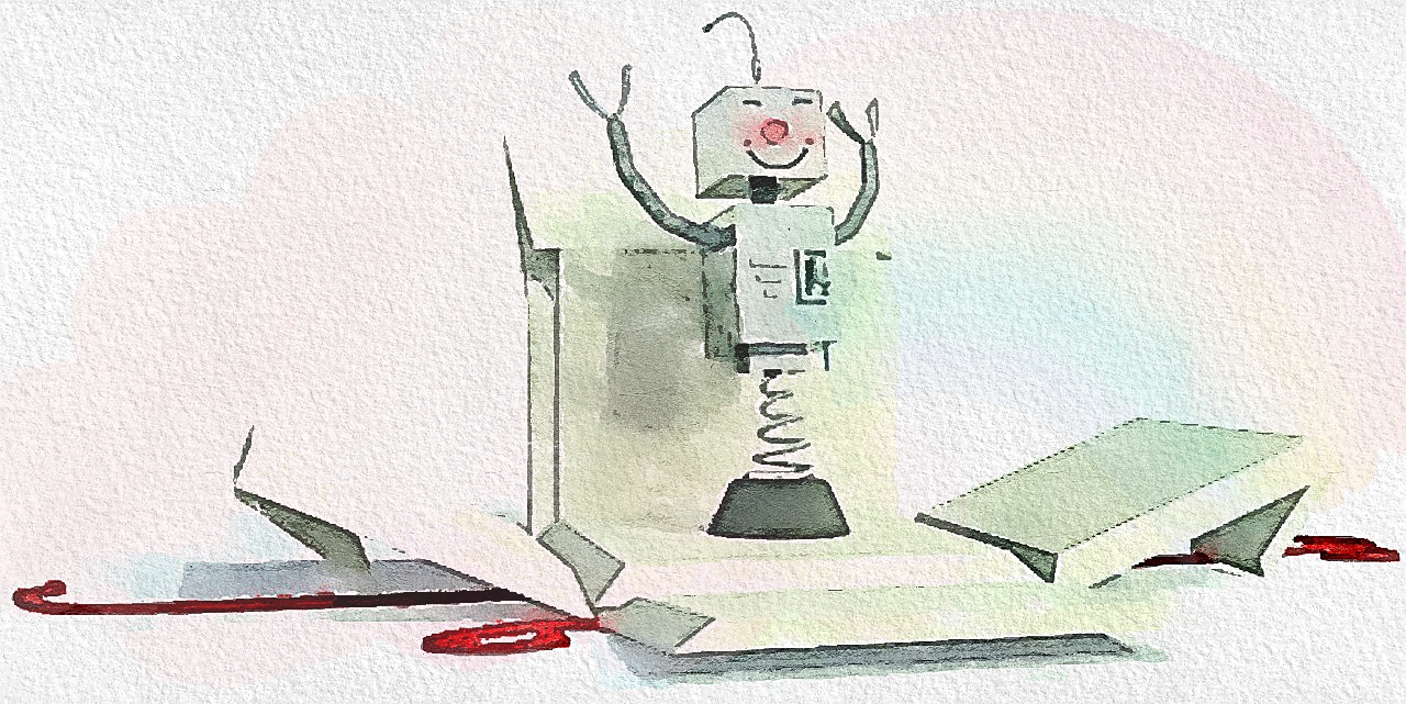 Un petit robot vintage et cabossé sort d'un paquet cadeau avec joie